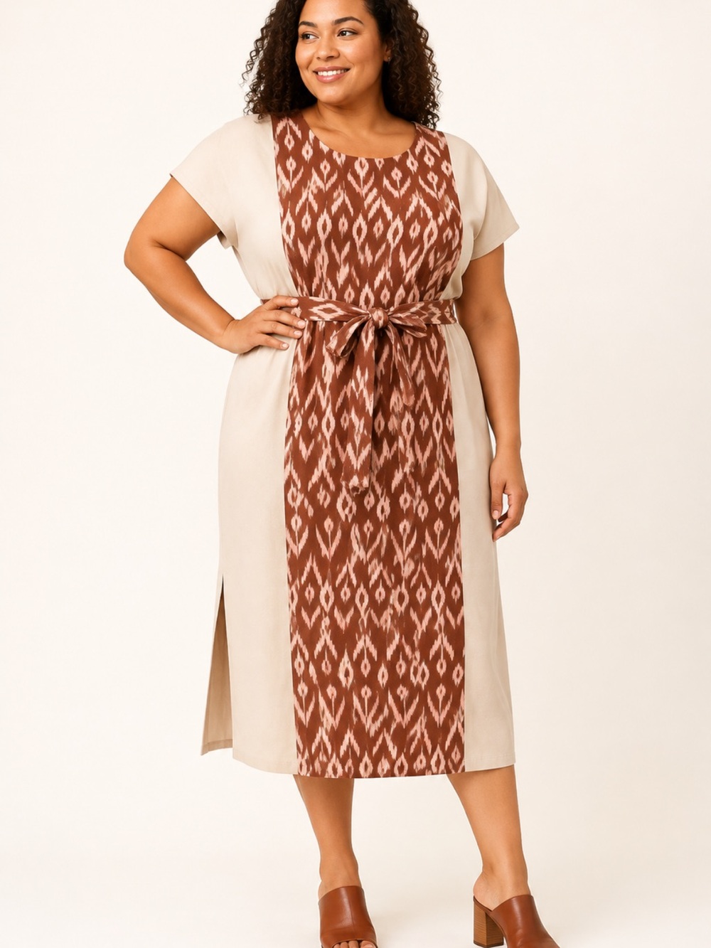 J. Jill Pure Jill Elements Linen Blend Ikat Maxi Dress Brown Cream XL